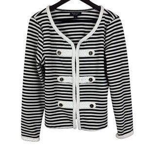 Striped Nautical Cardigan Black White Coastal Grandmother Anchor Buttons Large